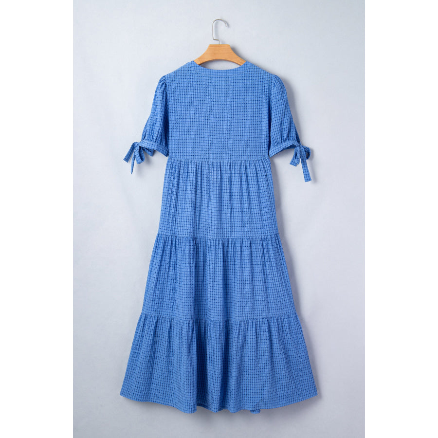 Dusk Blue Gingham Textured Bow Tie Short Sleeve Tiered Midi Dress Dresses/Midi Dresses