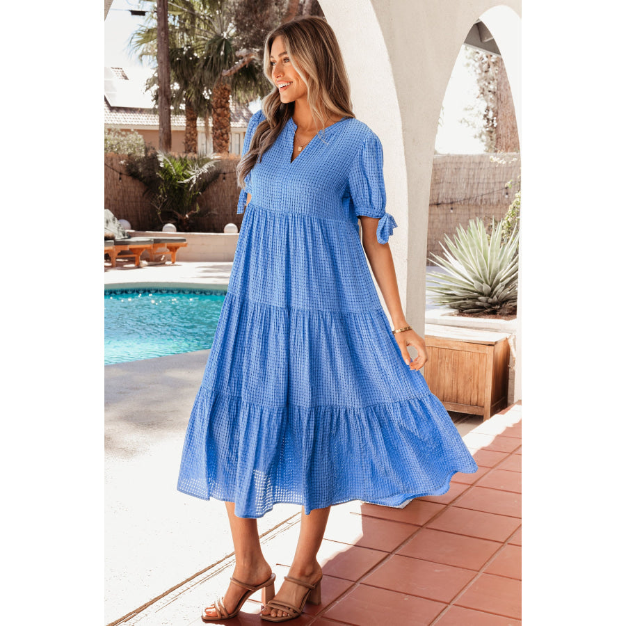 Dusk Blue Gingham Textured Bow Tie Short Sleeve Tiered Midi Dress Dresses/Midi Dresses