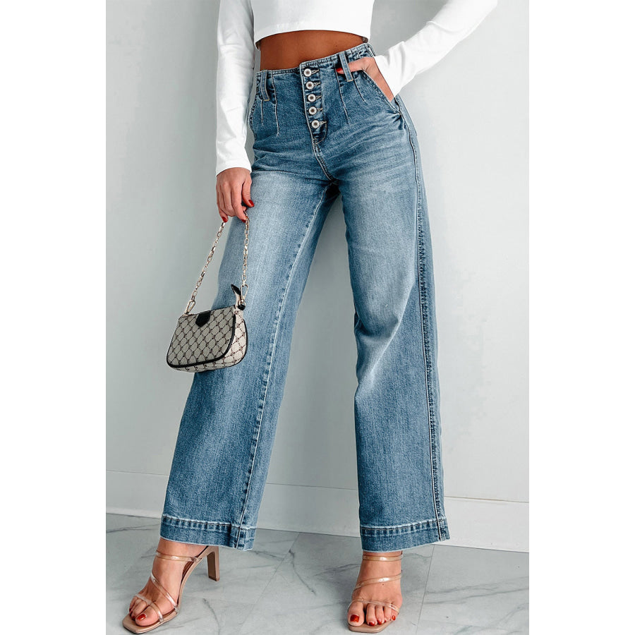 Dusk Blue Multi Buttons Medium Wash Straight Loose Leg Jeans Dusk Blue / 6 / 75% Cotton + 23% Polyester + 2% Elastane Bottoms/Jeans