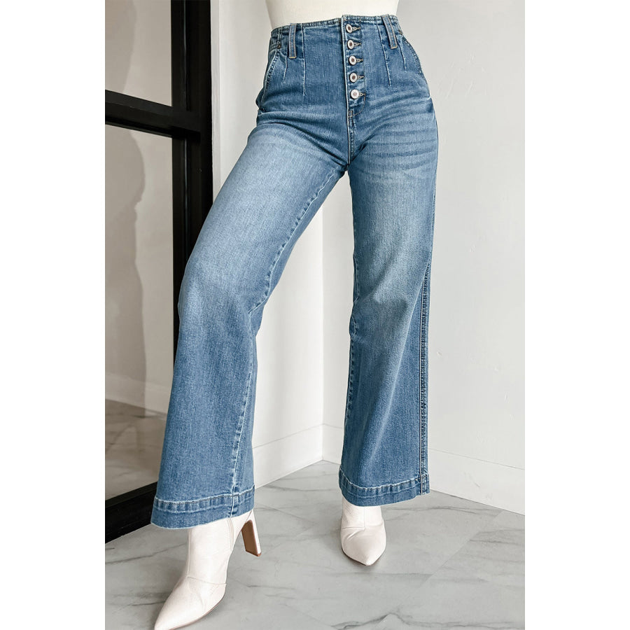 Dusk Blue Multi Buttons Medium Wash Straight Loose Leg Jeans Bottoms/Jeans