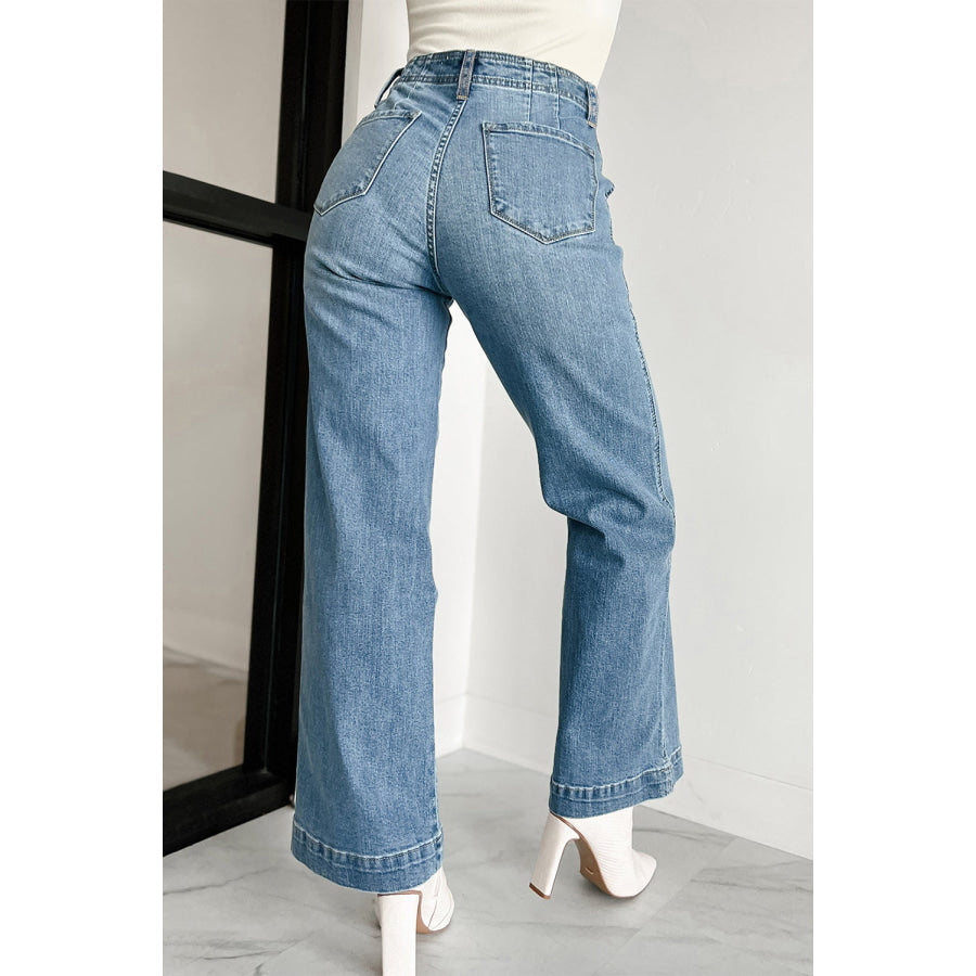 Dusk Blue Multi Buttons Medium Wash Straight Loose Leg Jeans Bottoms/Jeans