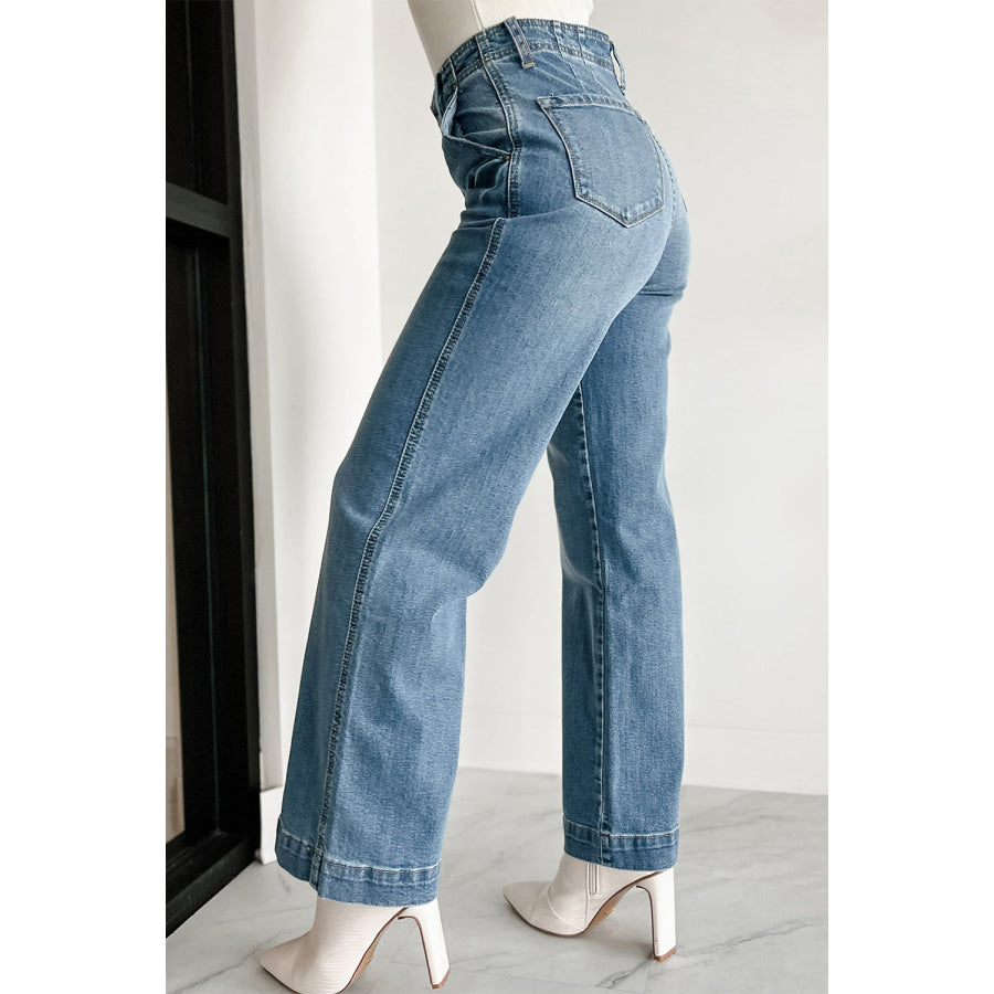 Dusk Blue Multi Buttons Medium Wash Straight Loose Leg Jeans Bottoms/Jeans