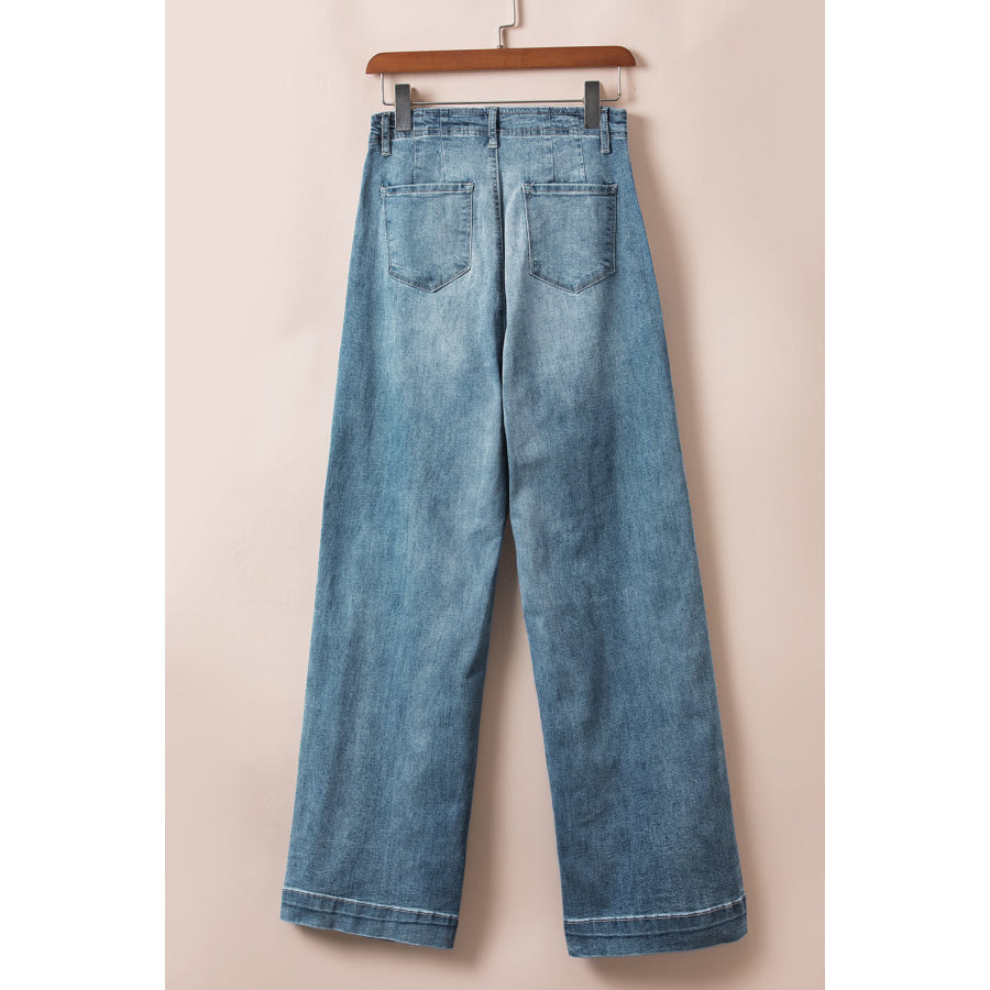 Dusk Blue Multi Buttons Medium Wash Straight Loose Leg Jeans Bottoms/Jeans