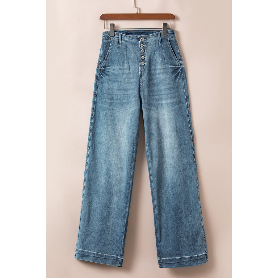 Dusk Blue Multi Buttons Medium Wash Straight Loose Leg Jeans Bottoms/Jeans