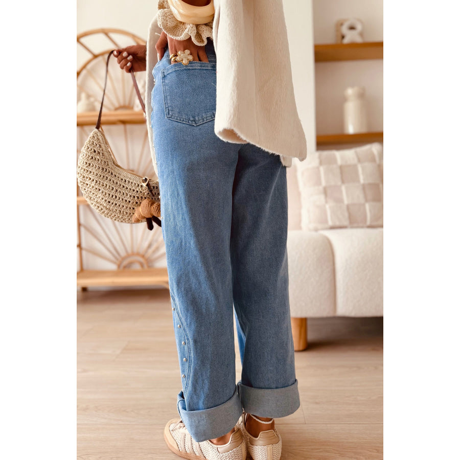 Dusk Blue Side Seam Rivet Detail Ankle Length Casual Jeans Bottoms/Jeans