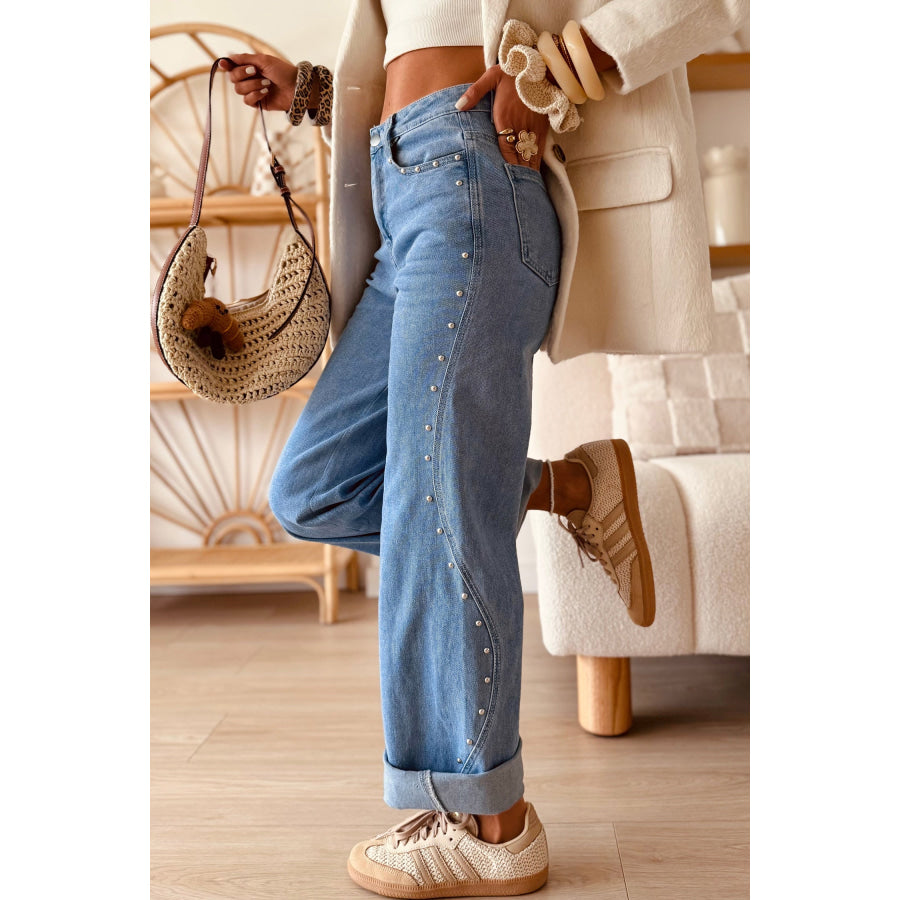 Dusk Blue Side Seam Rivet Detail Ankle Length Casual Jeans Bottoms/Jeans