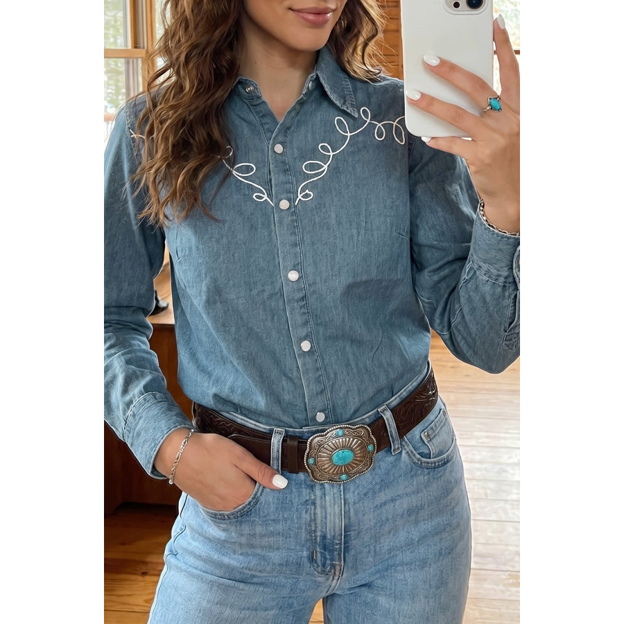 Dusk Blue Western Embroidered Collar Long Sleeve Denim Shirt Dusk Blue / S Tops/Blouses & Shirts