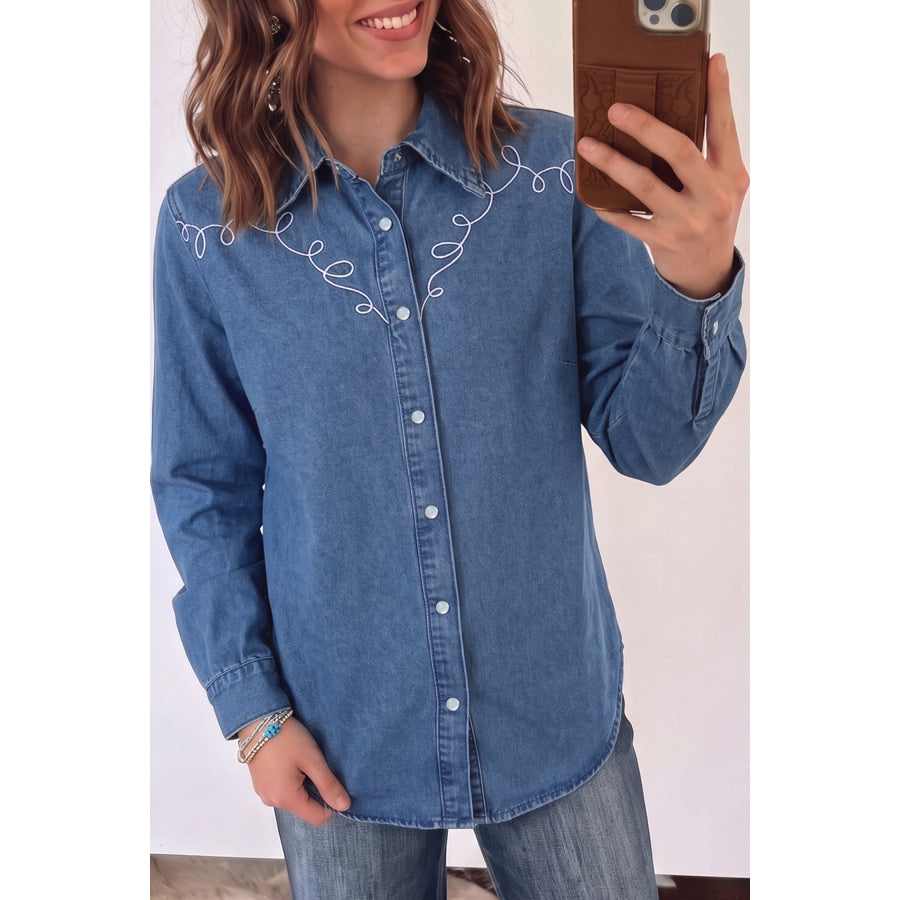 Dusk Blue Western Embroidered Collar Long Sleeve Denim Shirt / S Tops/Blouses & Shirts