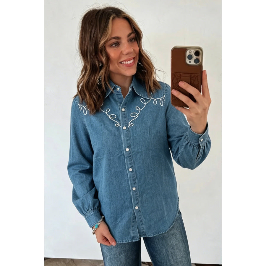 Dusk Blue Western Embroidered Collar Long Sleeve Denim Shirt Tops/Blouses & Shirts