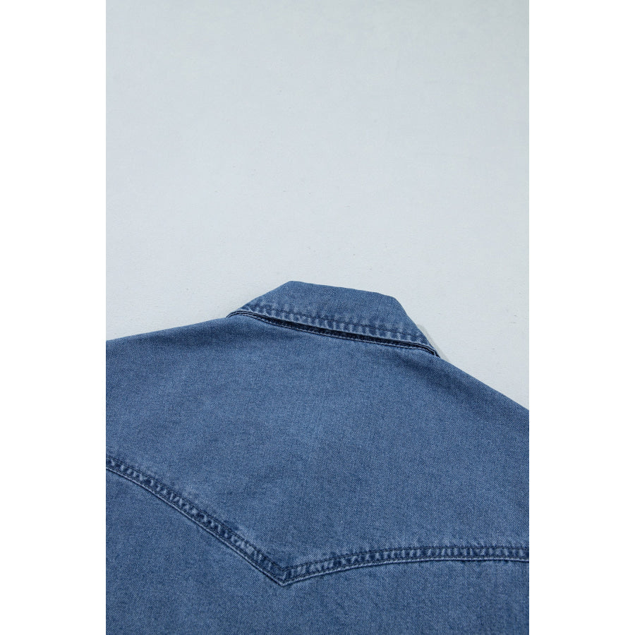 Dusk Blue Western Embroidered Collar Long Sleeve Denim Shirt Tops/Blouses & Shirts