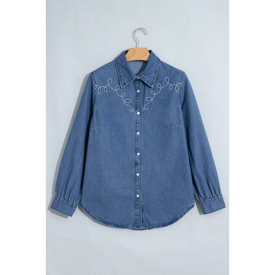 Dusk Blue Western Embroidered Collar Long Sleeve Denim Shirt Tops/Blouses & Shirts
