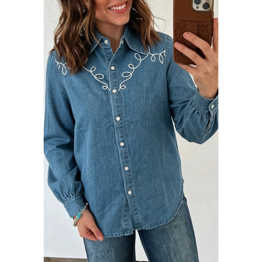 Dusk Blue Western Embroidered Collar Long Sleeve Denim Shirt Tops/Blouses & Shirts