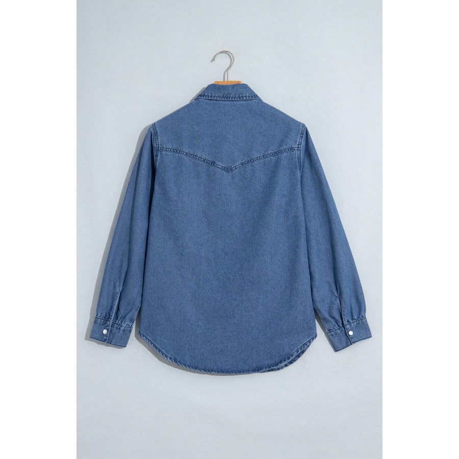 Dusk Blue Western Embroidered Collar Long Sleeve Denim Shirt Tops/Blouses & Shirts