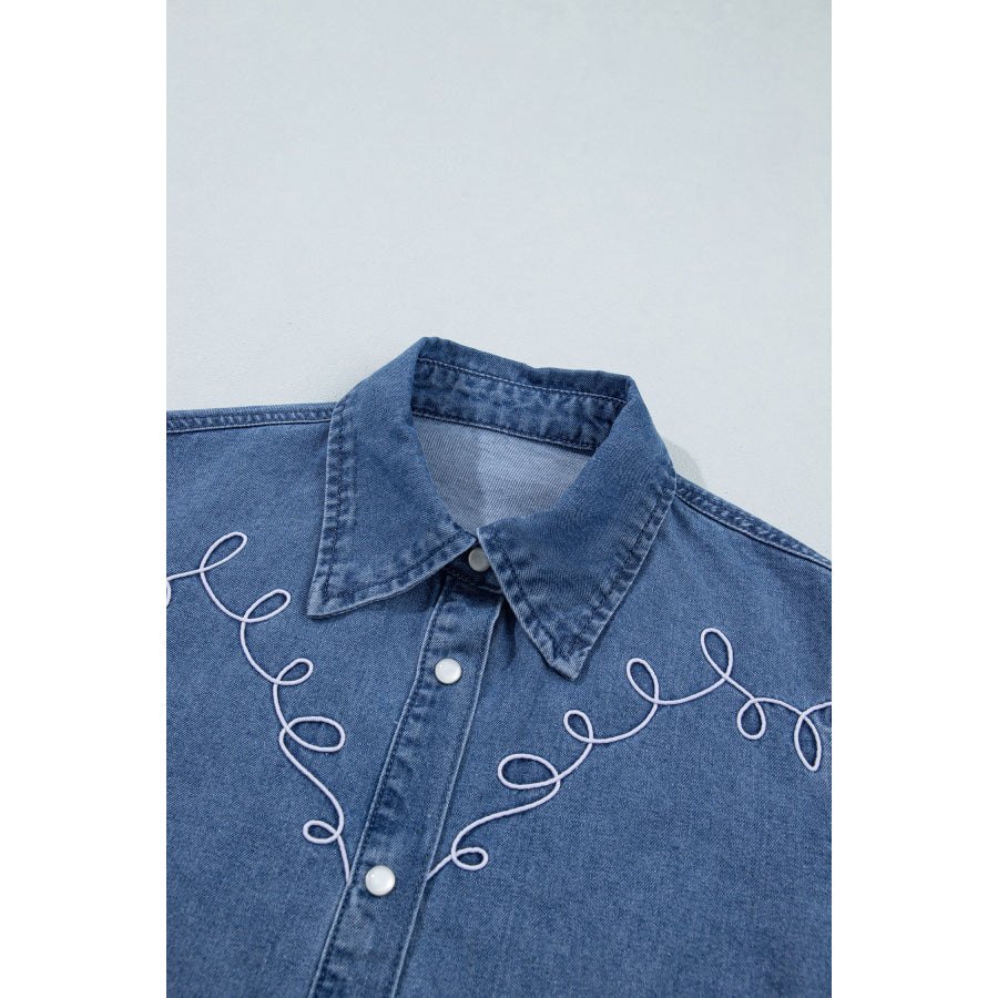 Dusk Blue Western Embroidered Collar Long Sleeve Denim Shirt Tops/Blouses & Shirts