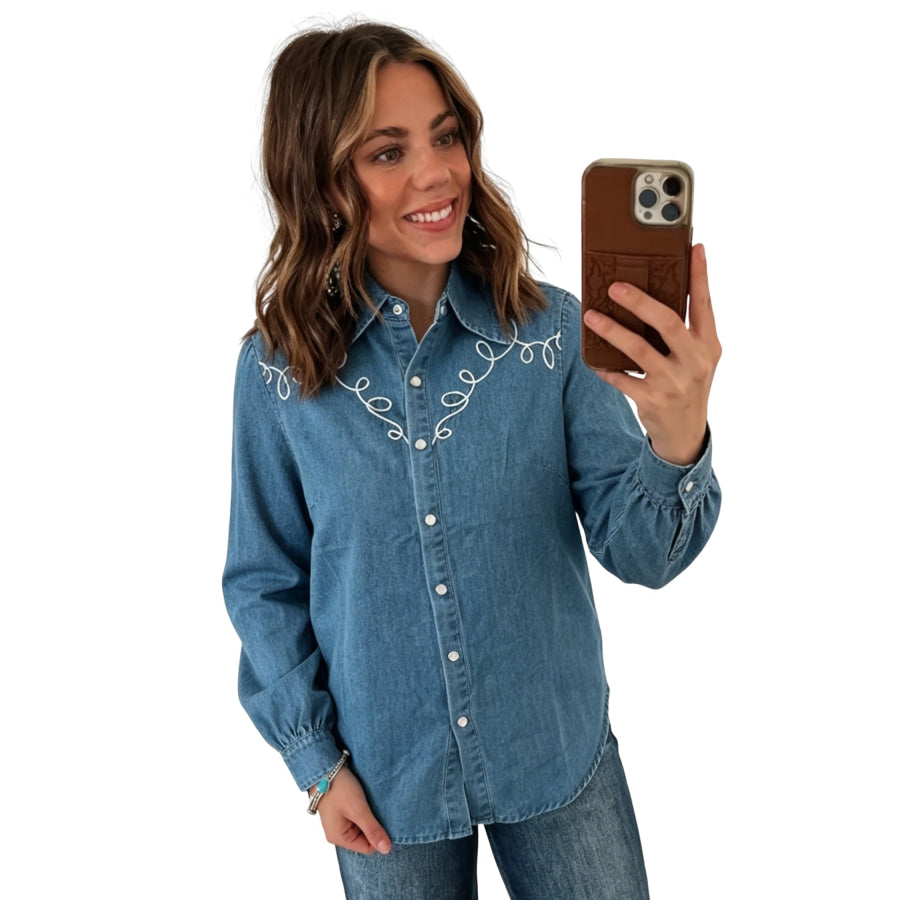 Dusk Blue Western Embroidered Collar Long Sleeve Denim Shirt Tops/Blouses & Shirts