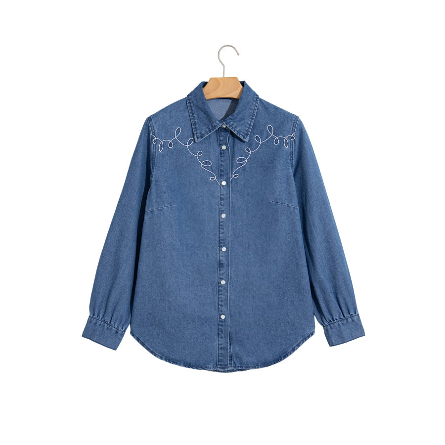 Dusk Blue Western Embroidered Collar Long Sleeve Denim Shirt Tops/Blouses & Shirts