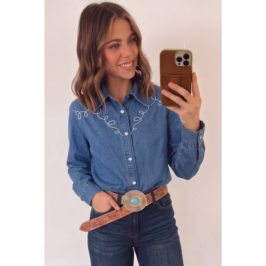 Dusk Blue Western Embroidered Collar Long Sleeve Denim Shirt Tops/Blouses & Shirts
