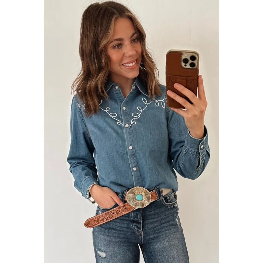 Dusk Blue Western Embroidered Collar Long Sleeve Denim Shirt Tops/Blouses & Shirts