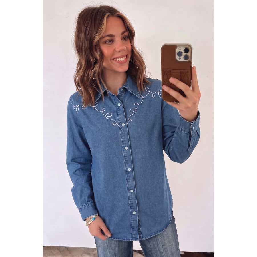 Dusk Blue Western Embroidered Collar Long Sleeve Denim Shirt Tops/Blouses & Shirts
