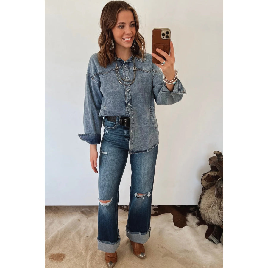 Dusk Blue Western Long Sleeve Shirt Collar Tunic Denim Jacket Outerwear/Denim jackets