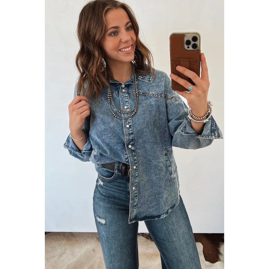 Dusk Blue Western Long Sleeve Shirt Collar Tunic Denim Jacket Outerwear/Denim jackets