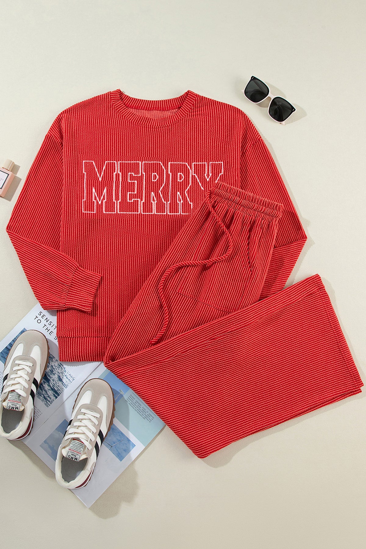 Fiery Red JOLLY Corded Long Sleeve Top and Pockets Pants Set