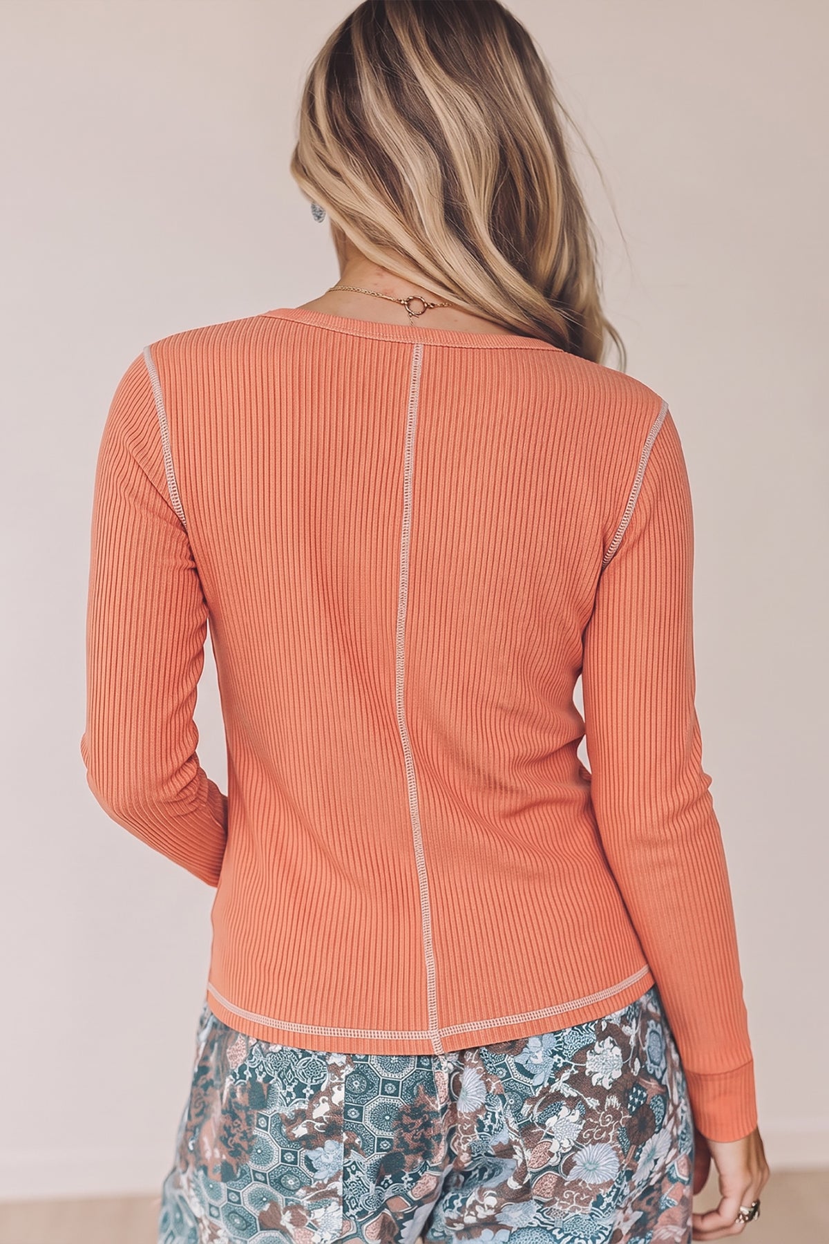 Banana Cream V Neck Ribbed Stitched Detail Long Sleeve Top