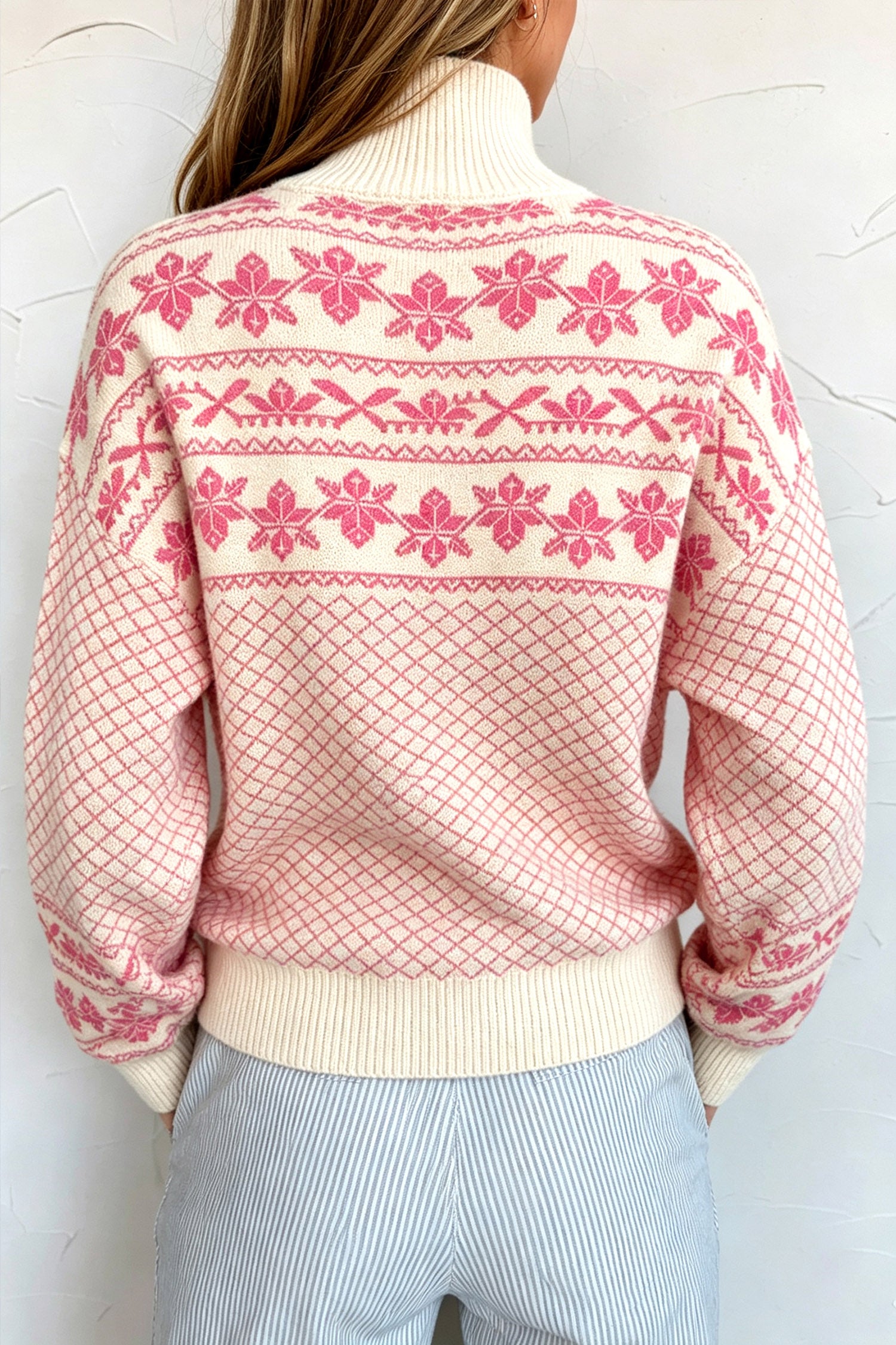 Sachet Pink Cozy Abstract Print Button Stand Neck Casual Sweater Sweaters & Cardigans/Sweaters