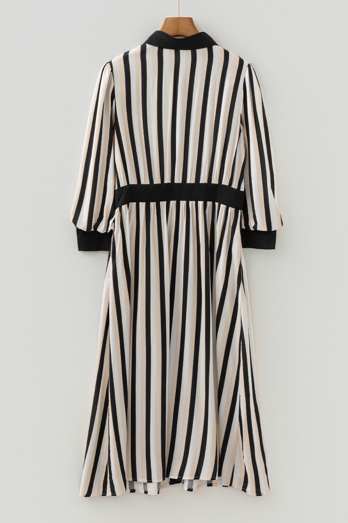 Black Stripe 3/4 Puff Sleeve Shirt Style Button Down Midi Dress