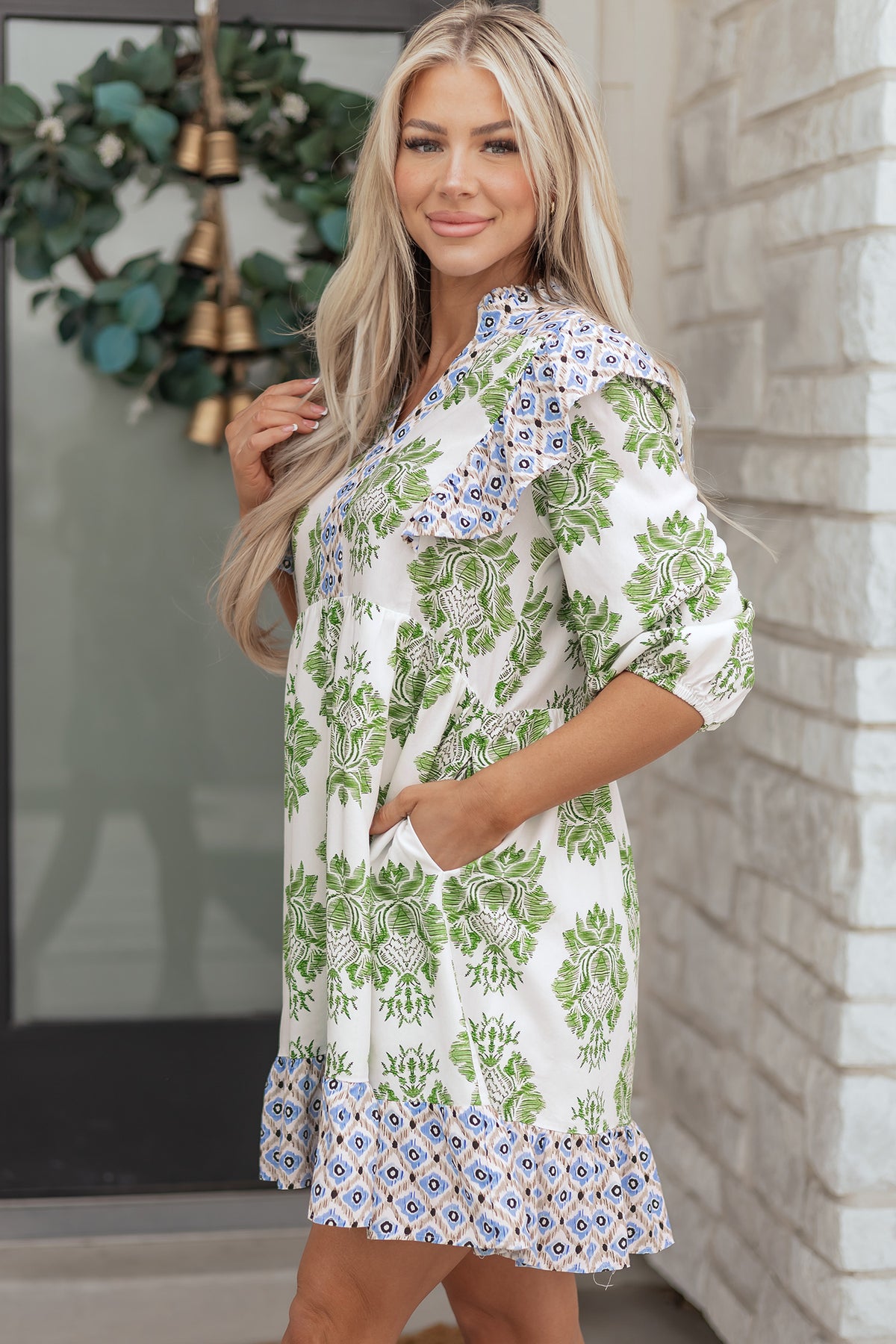 Green Floral Print Contrast Patchwork Ruffle Detail Mini Dress