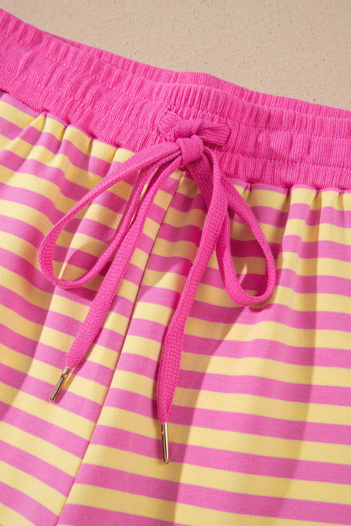 Rose Red Striped Long Sleeve Zip-Up Hoodie Drawstring Elastic Waist 2pcs Short Set