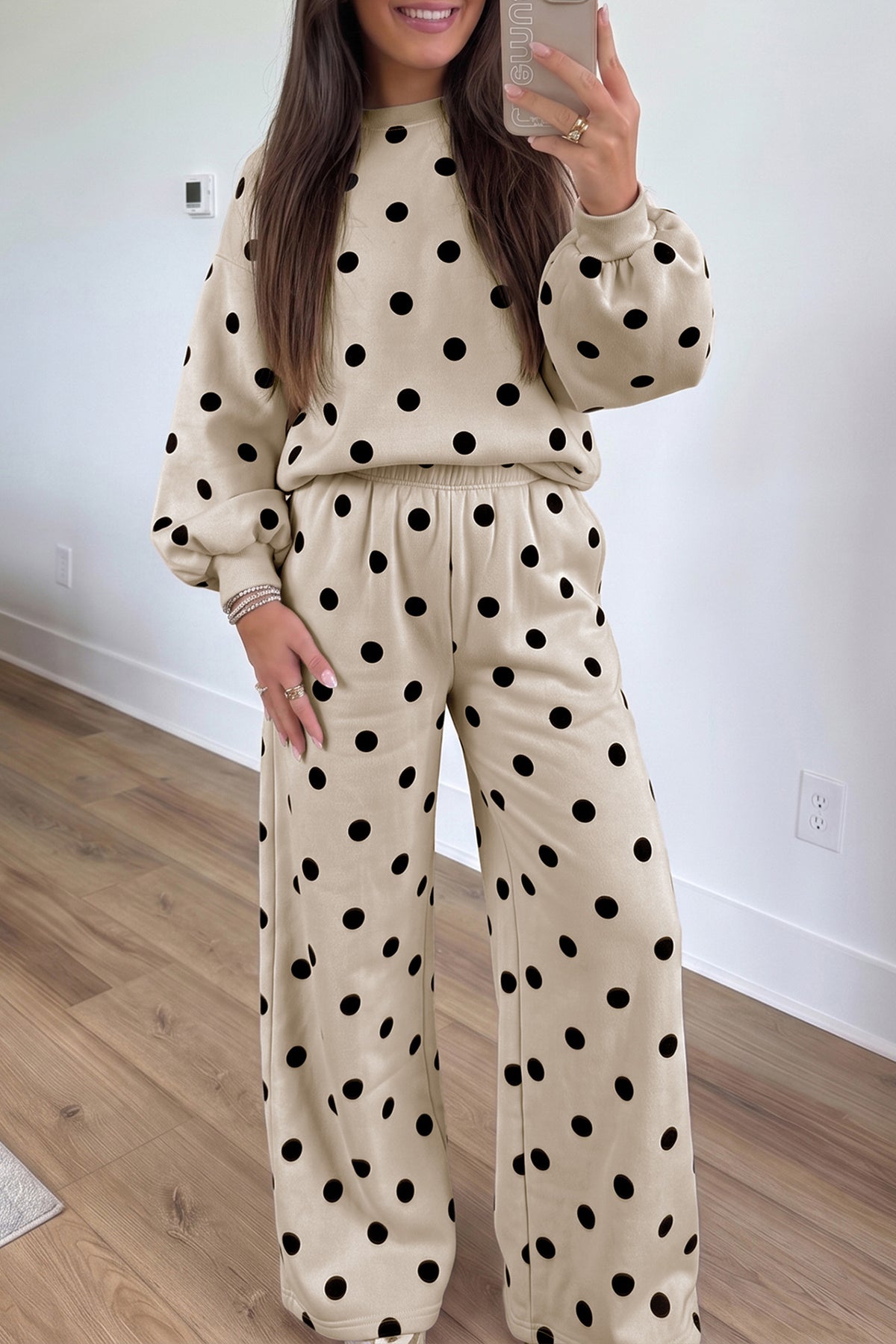 Pink Polka Dot Puff Sleeve Top Casual Pants 2pcs Set