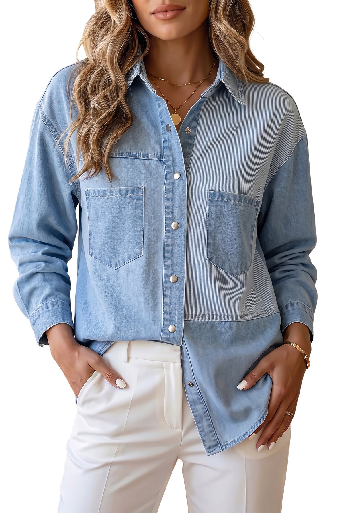 Beau Blue Lightweight Denim Striped Patchwork Button Down Shacket
