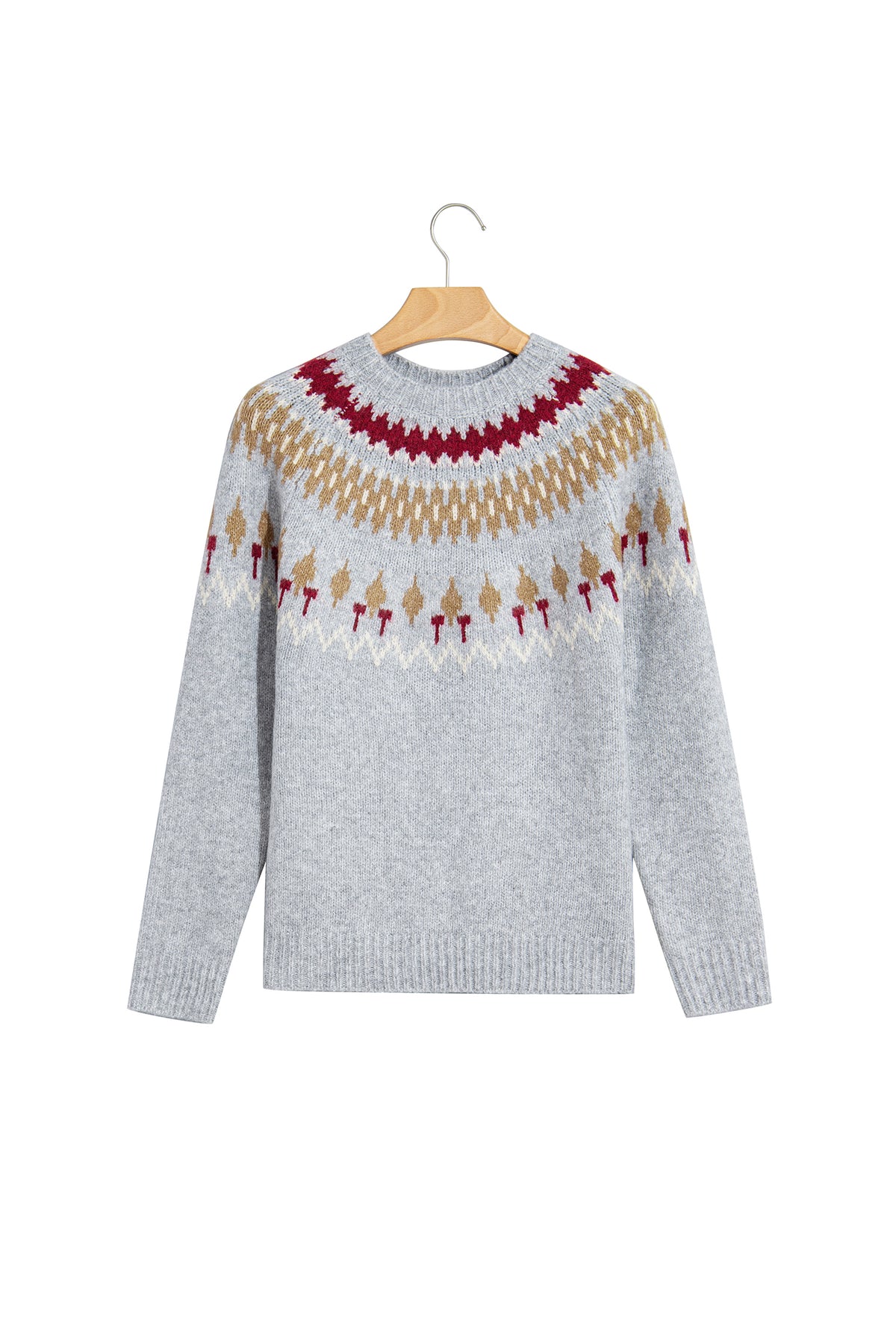 Gray Geometric Detail Round Neck Winter Sweater
