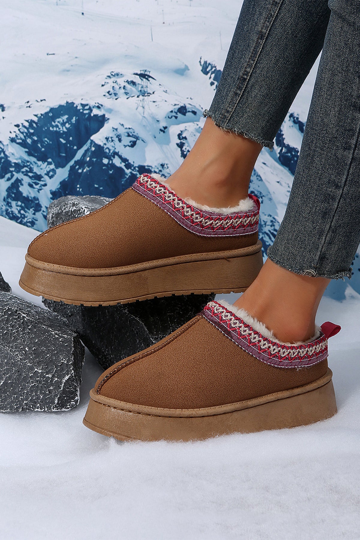 Chestnut Contrast Print Suede Plush Lined Snow Boots