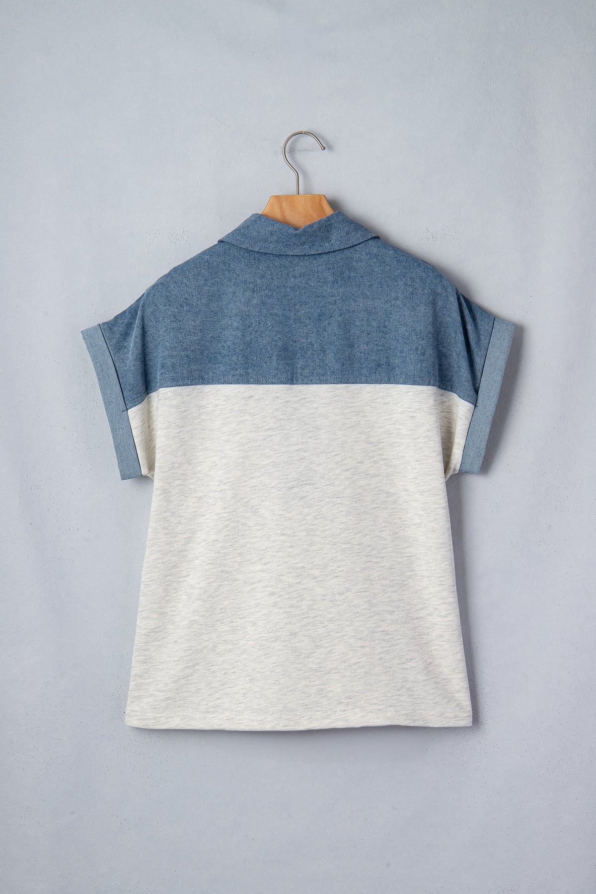 Light Grey Color Block Denim Patchwork Button Polo Collar Short Sleeve Top