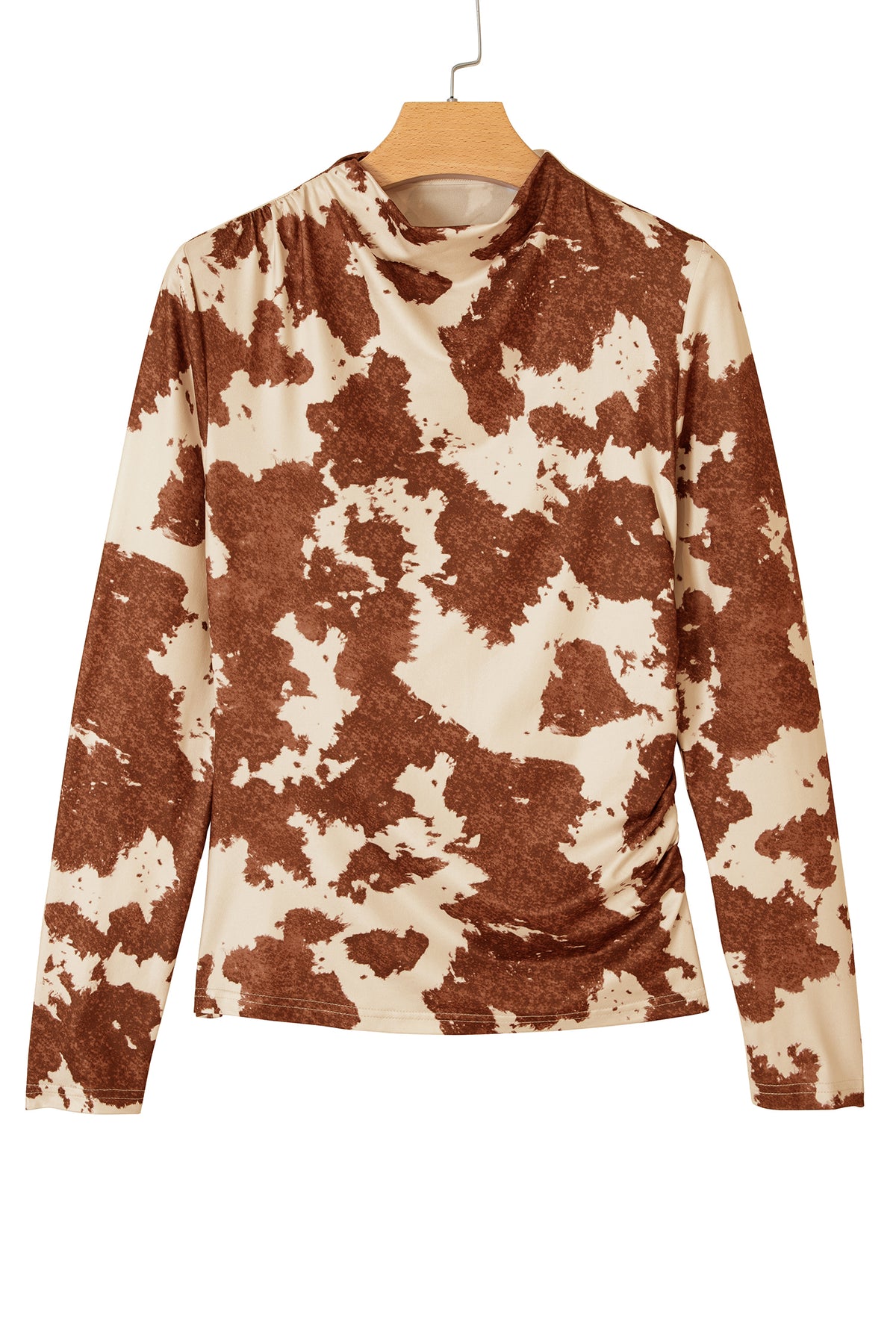 Brown Western Cow Spots Printed High Neck Sheath Long Sleeve Top
