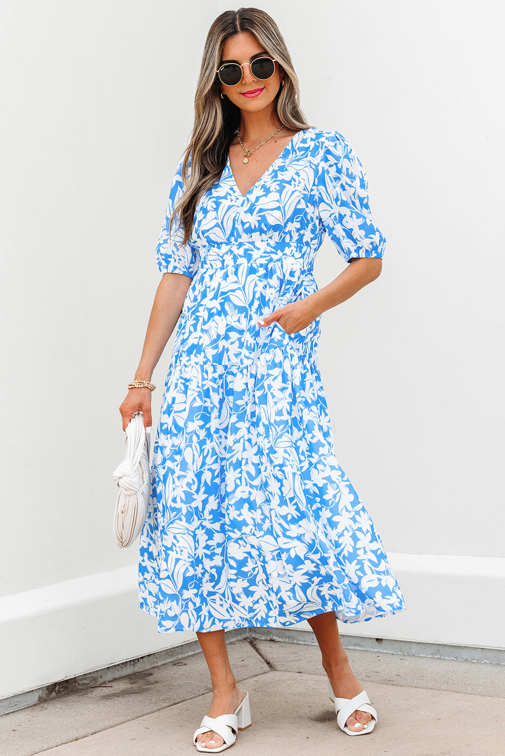 Sky Blue Floral V Neck Puff Short Sleeve Flowy Long Dress