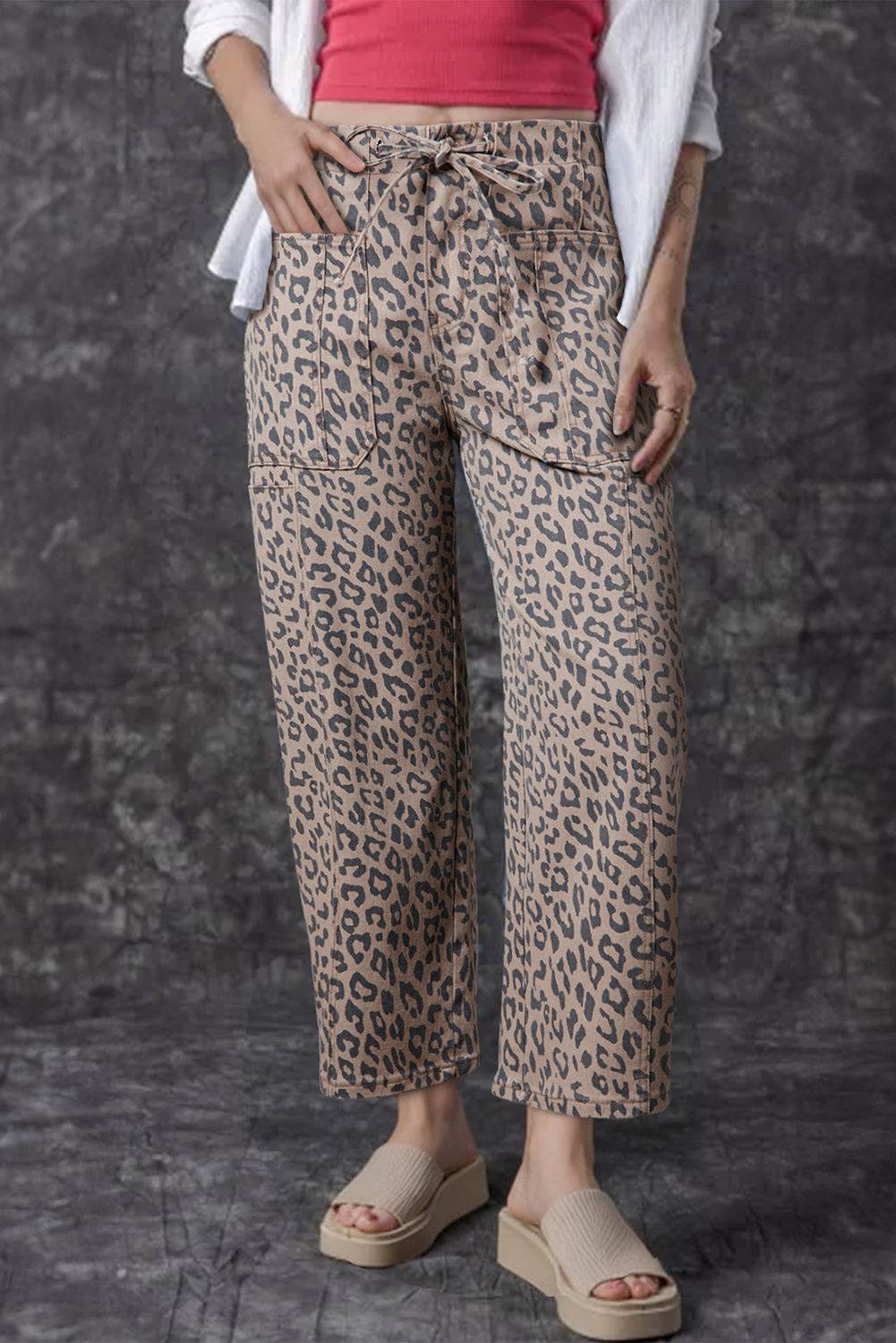 Green Leopard Printed Drawstring Elastic Waistband Pocketed Barrel Jeans