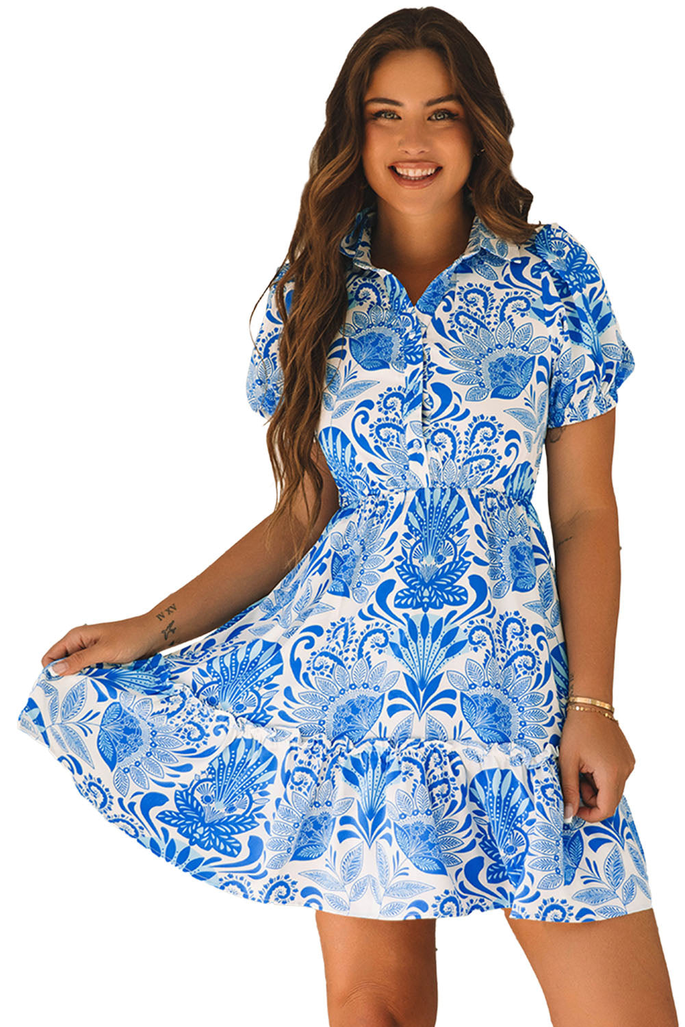 Sky Blue Retro Floral Print Drawstring Waist Ruffled Mini Dress Dresses/Floral Dresses