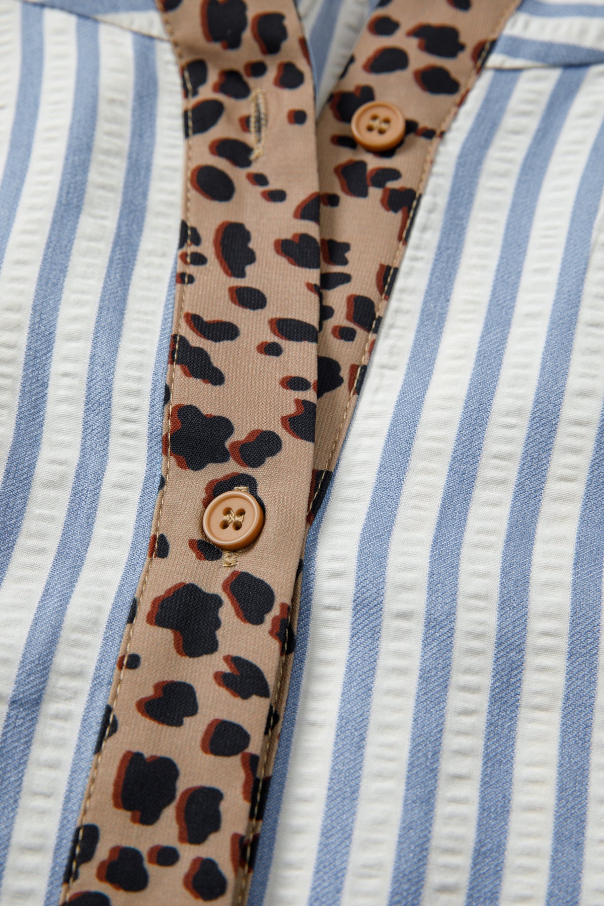 Pink Stripe Leopard Trim V Neck Button Down Half Sleeve Shirt