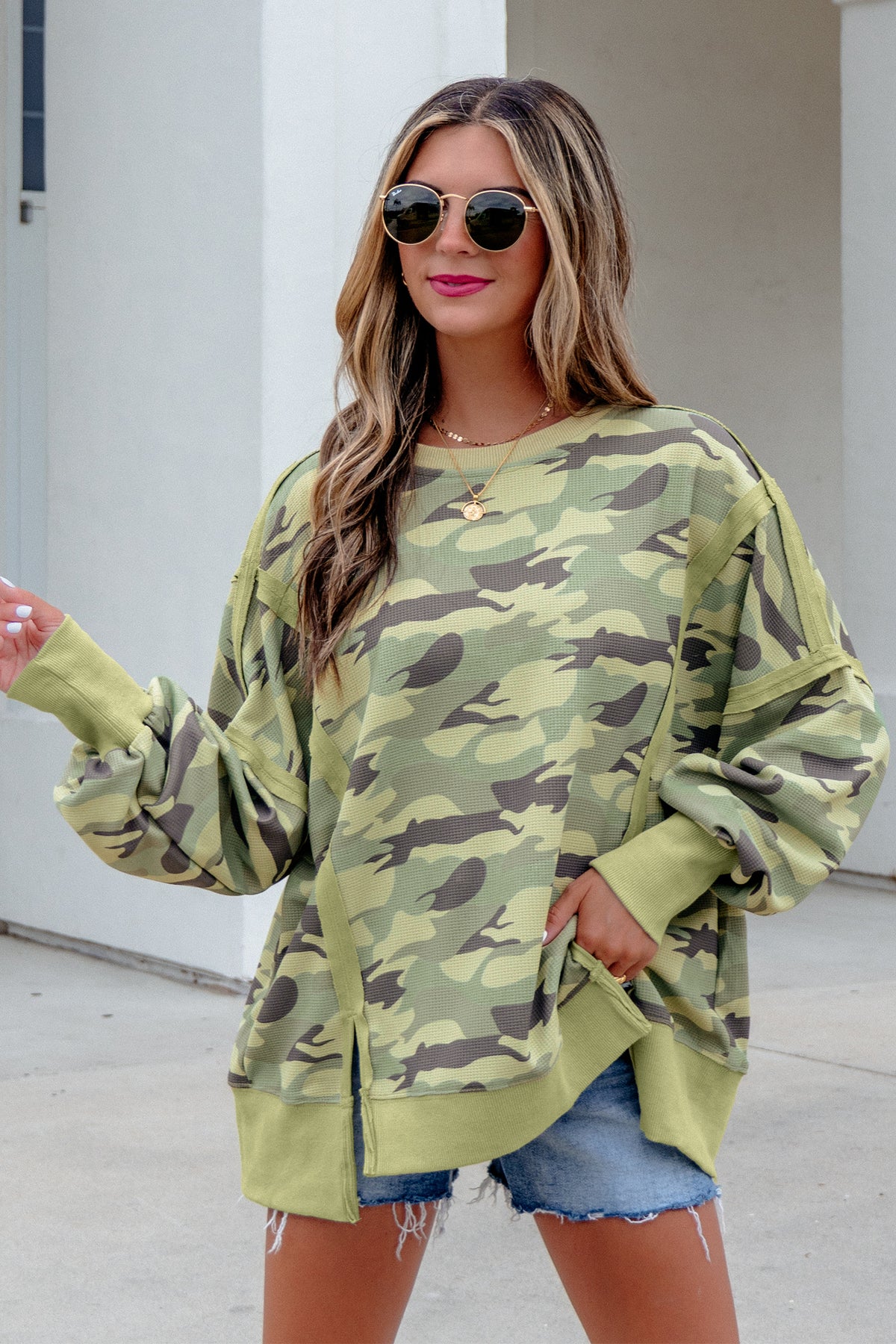 Green Camouflage Waffle Knit Raw Edge Contrast Trim Oversized Long Sleeve Top