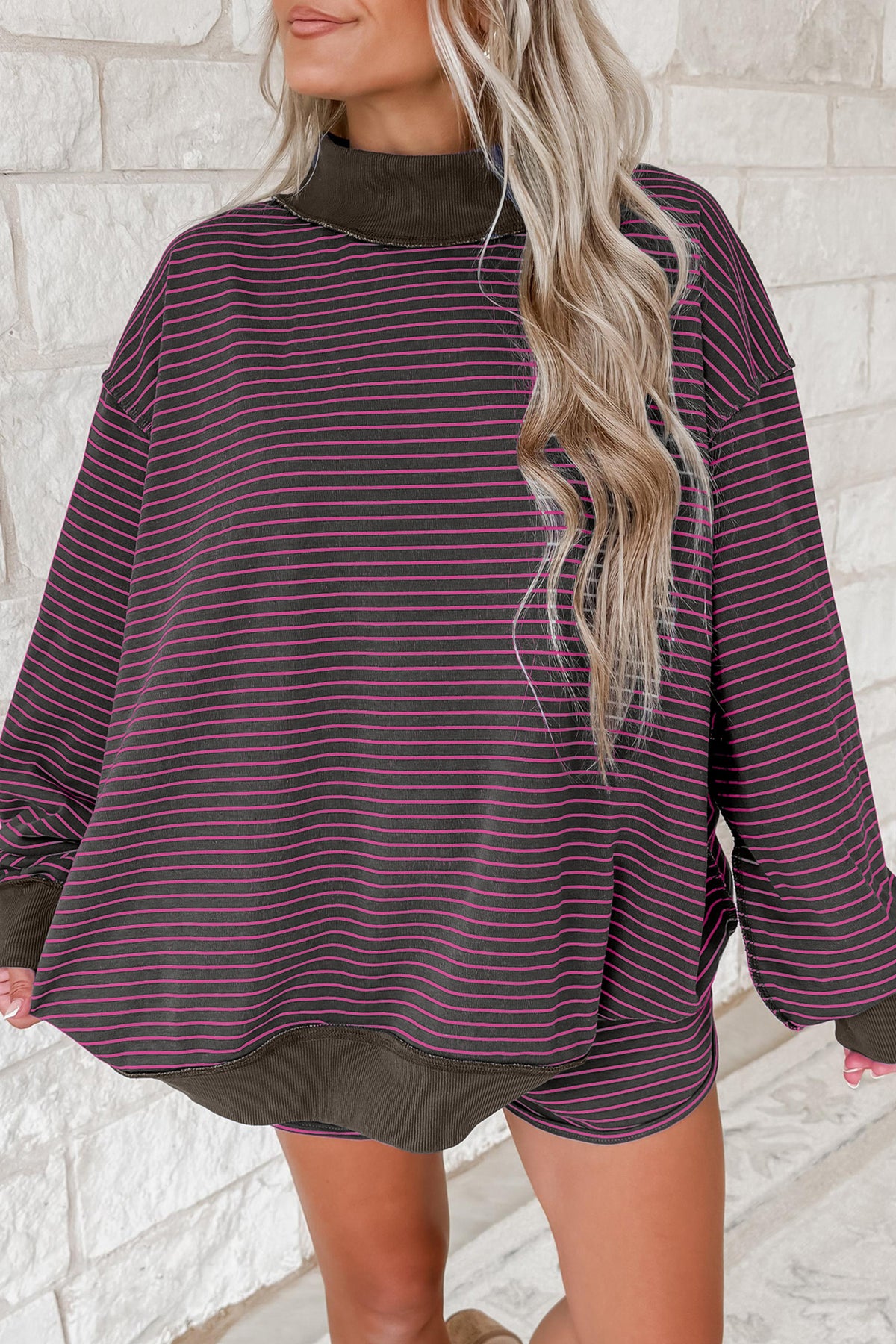 Blue Stripe Ribbed Patchwork Mock Neck Baggy Pullover Matching Shorts Set