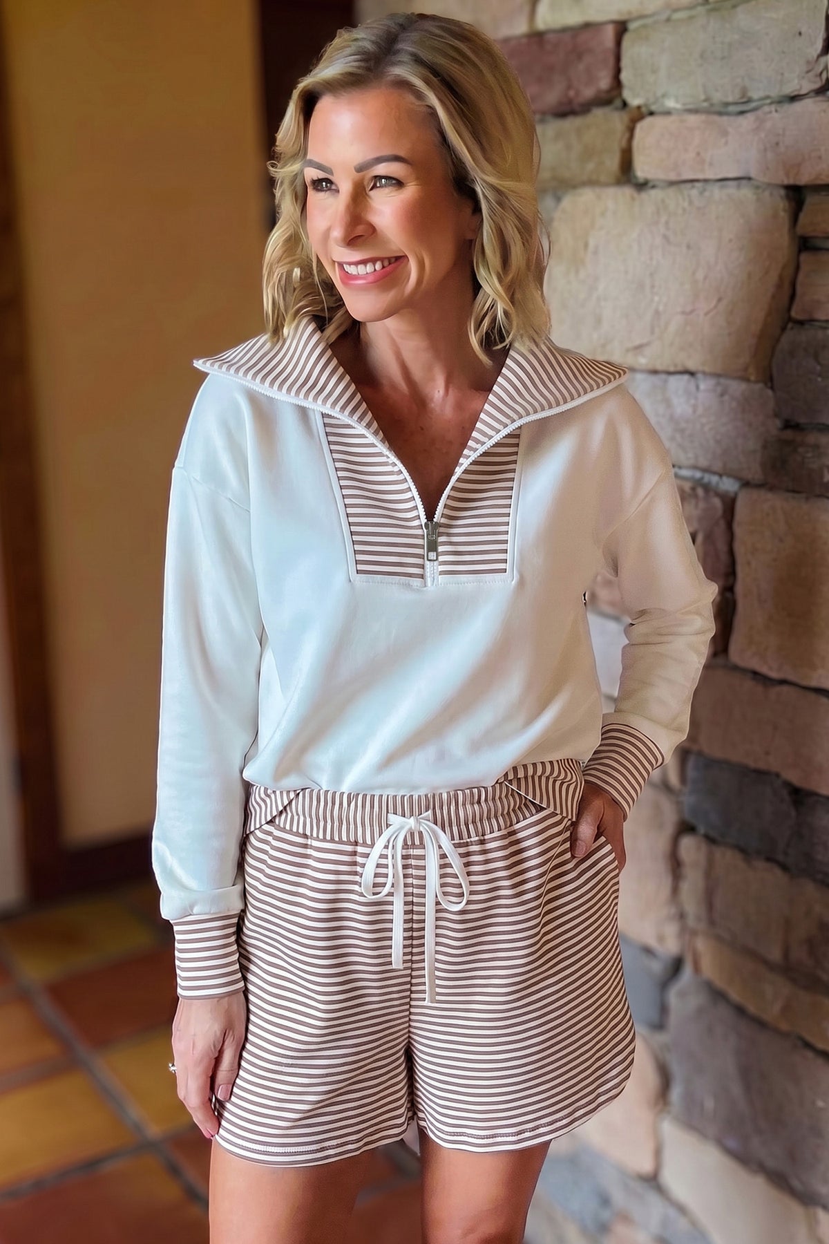 Khaki Stripe Color Block Patchwork Long Sleeve Top Drawstring Shorts Set