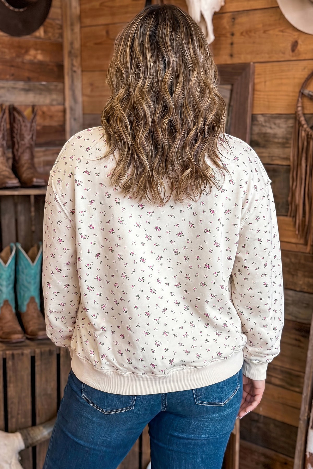 Apricot Floral Print Texas Long Sleeve Ribbed Neck Tunic Plus Size Sweatshirt