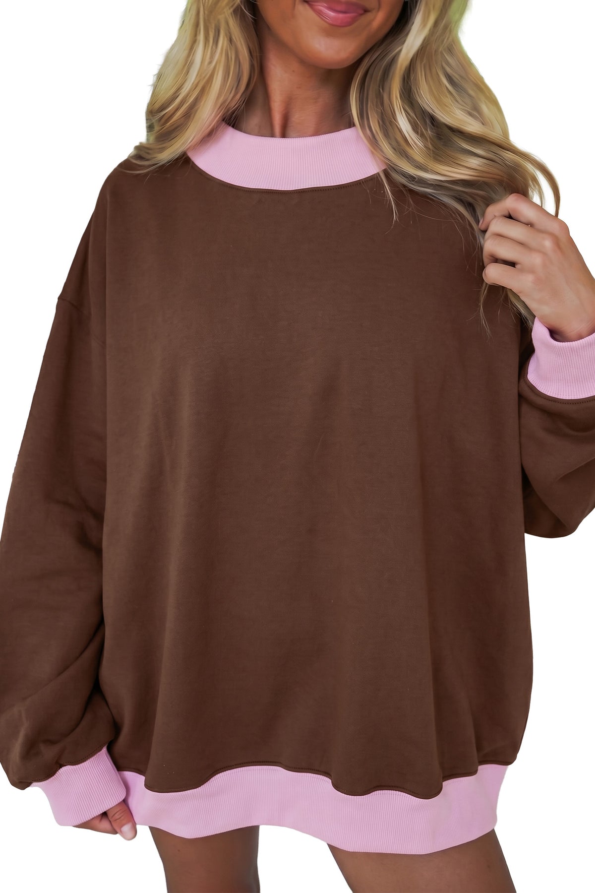 Dirty blue Colorblock Trim Crewneck Long Sleeve Pullover Sweatshirt