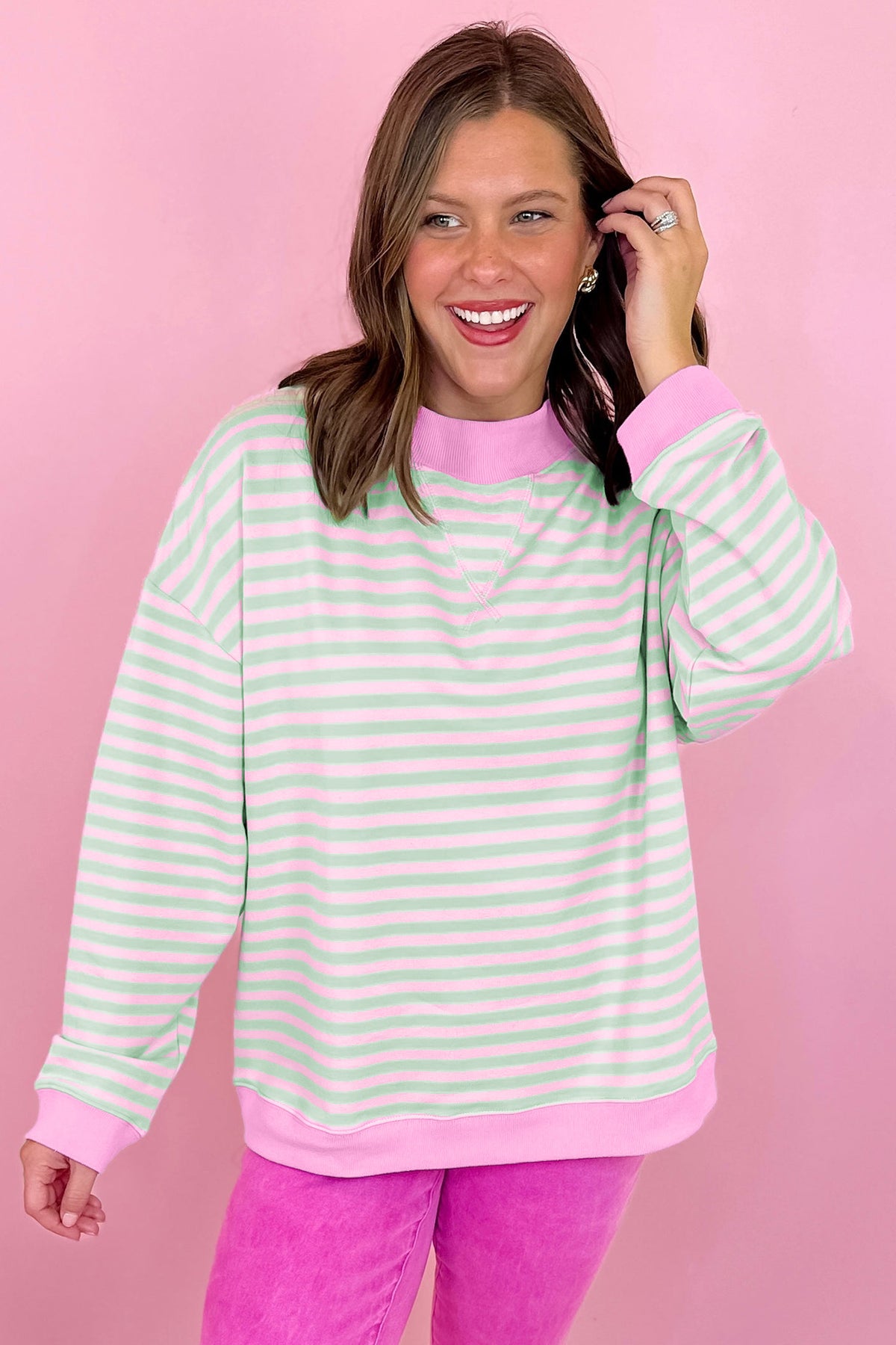 Green Stripe Striped Stand Neck Long Sleeve Sweatshirt
