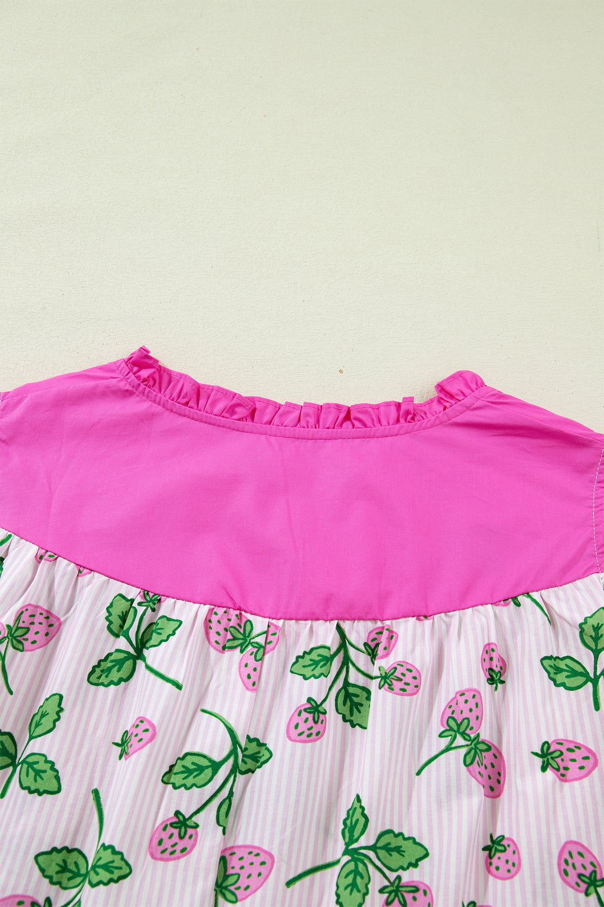 Pink Striped Strawberry Printed Color Block Patchwork V Neck Flutter Sleeve Blouse