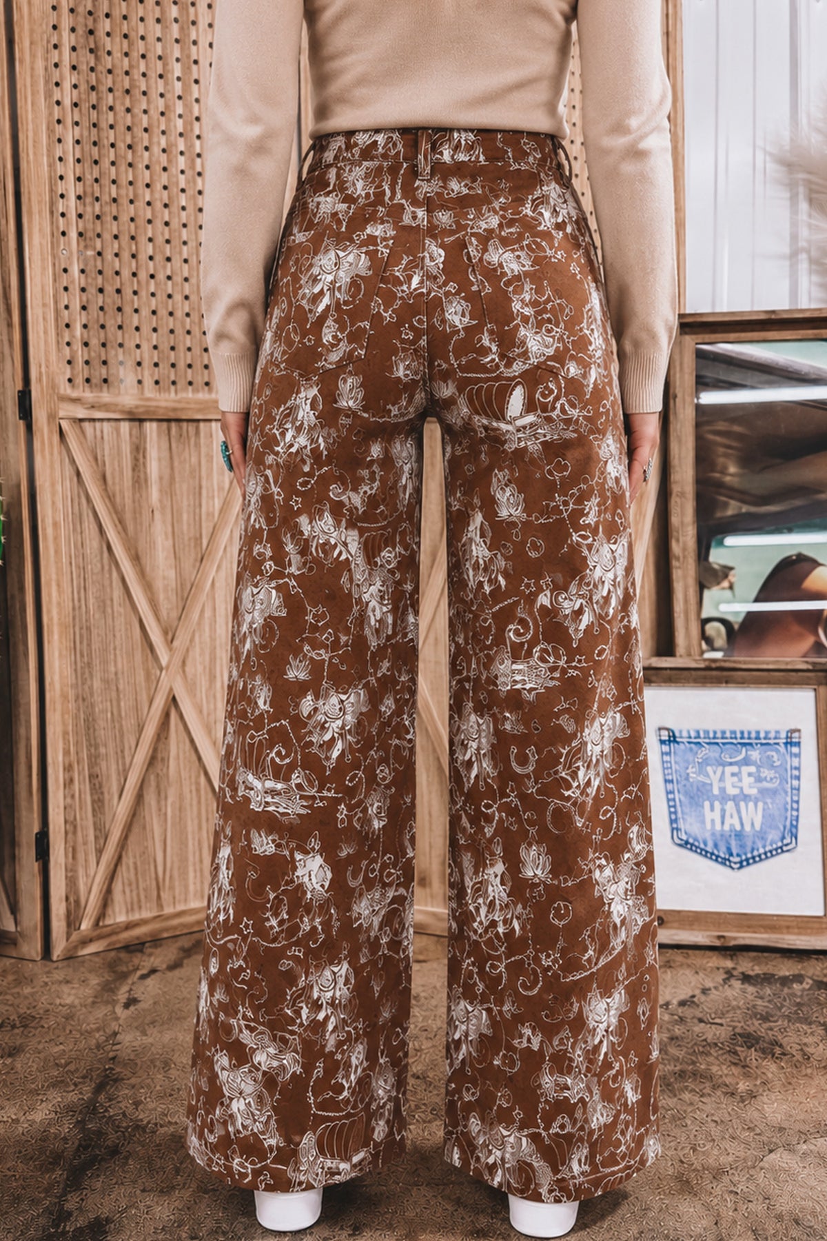 Khaki Patchwork Print Casual Shift Jeans