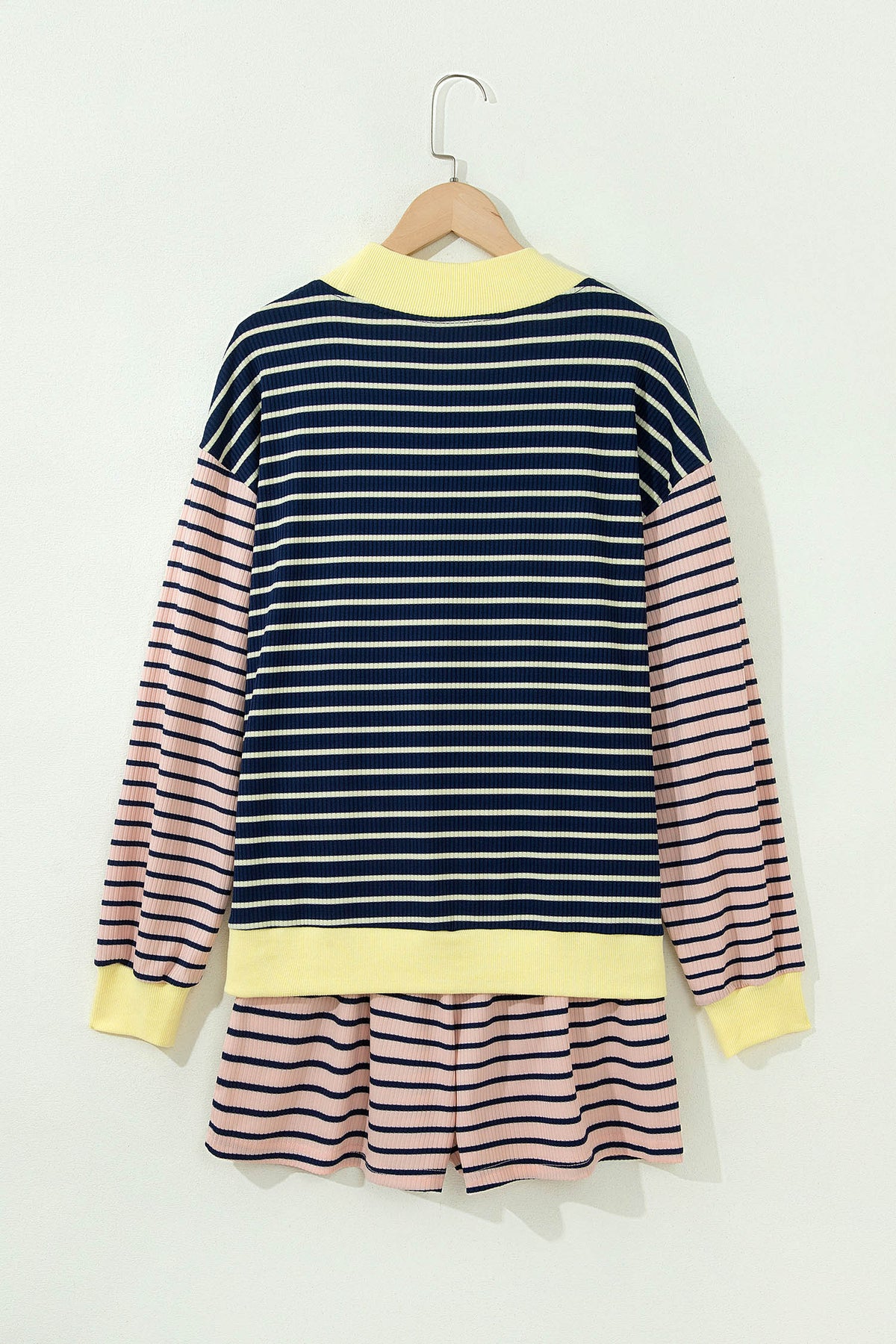 Blue Stripe Color Block Long Sleeve Pullover Ribbed Knit Casual Shorts Set